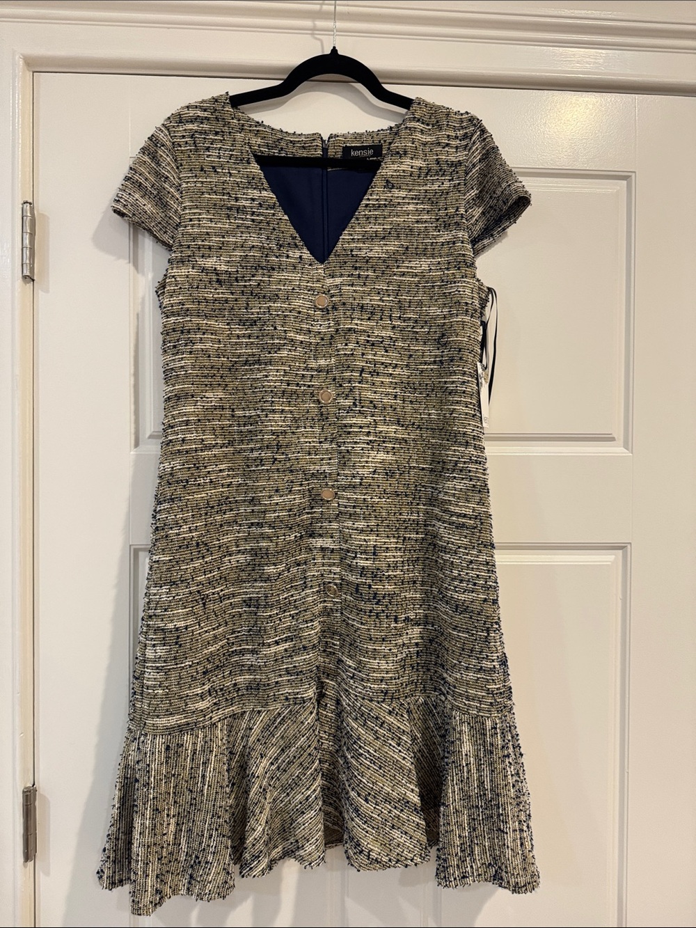 Kensie Black & Ivory Tweed V-Neck Button Flounce Dress